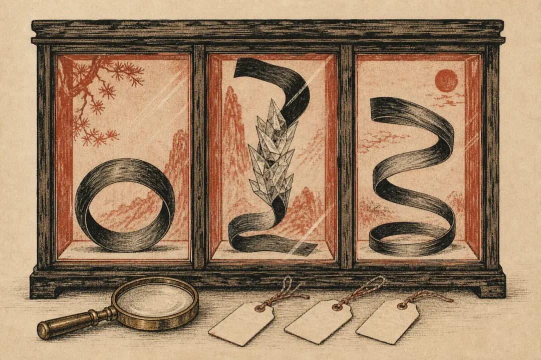 Warm-paper specimen-cabinet illustration: three ink book spines on display — the first curls into a closed loop, the second freezes mid-length into ice, the third quietly coils back to its starting point — with a magnifier and three specimen tags below