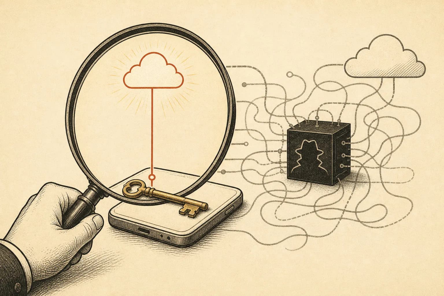 A brass key resting on a phone screen, thin lines radiating outward to several provider clouds