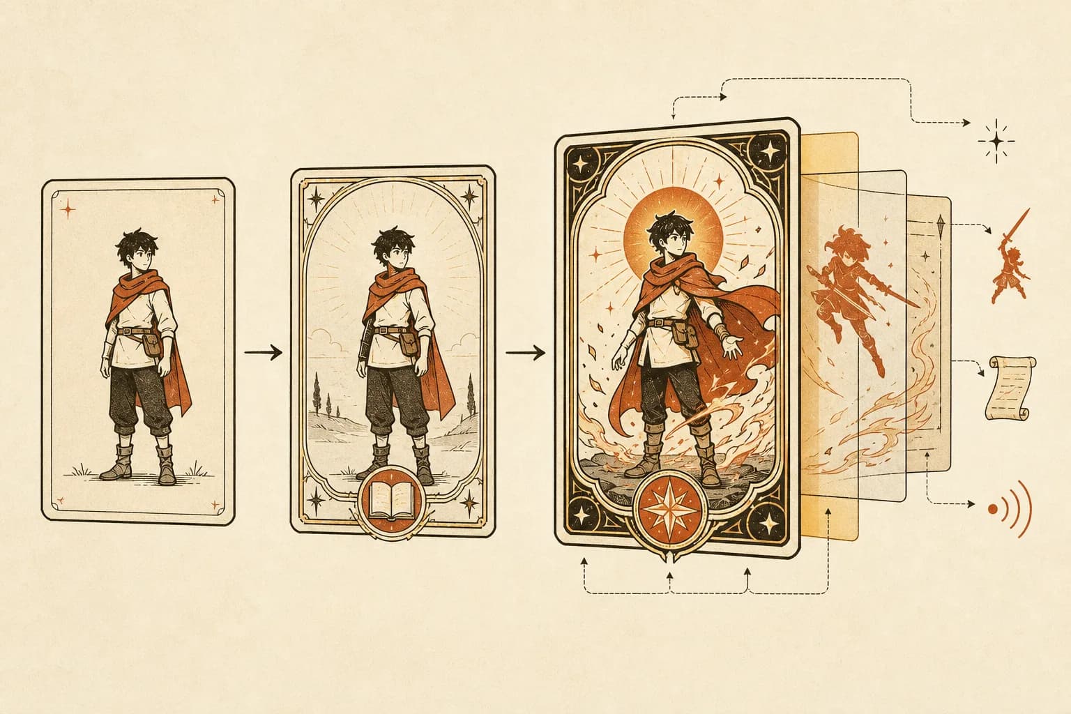 Three stacked translucent character cards, each layer revealing more embedded structure than the last