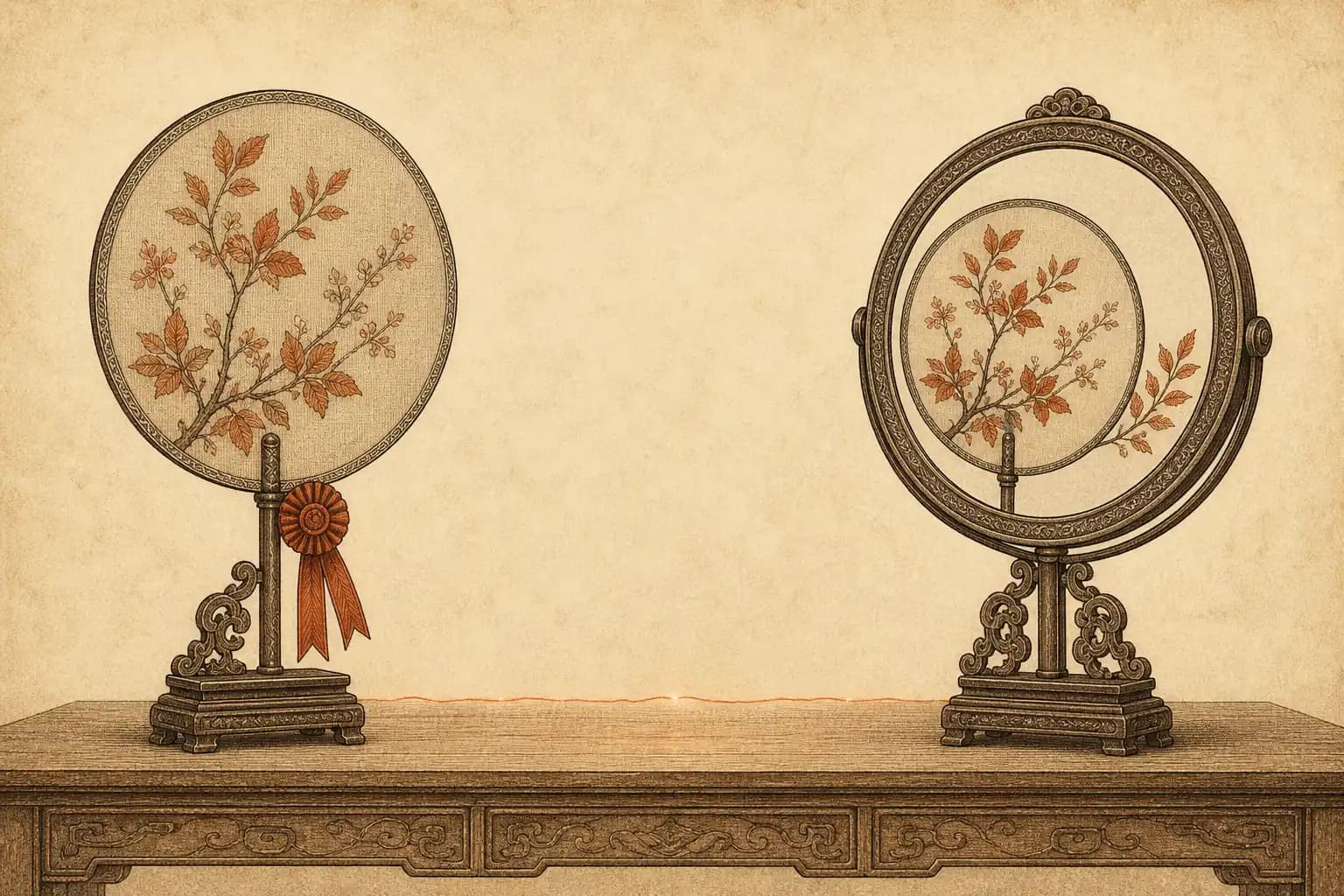 An embroidered palace fan wearing a champion's rosette faces a bronze mirror on a scholar's table; the mirror reflects the same fan with a fresh sprig of leaves