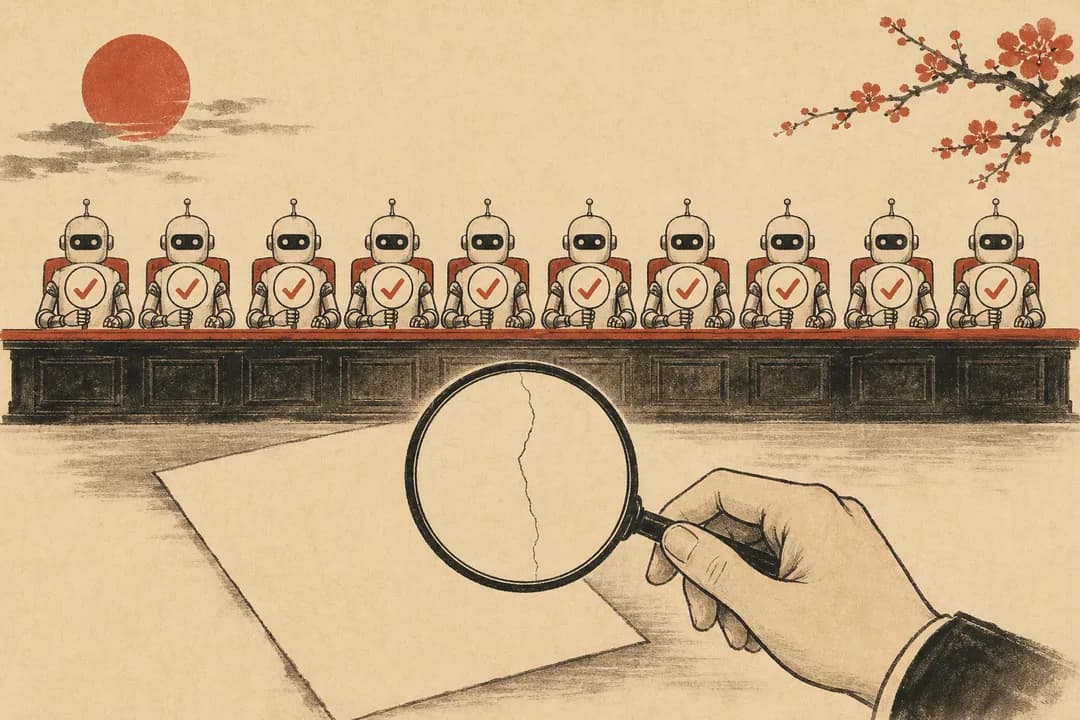暖纸底插画：一排整齐的机器人评委全部举着对勾牌，前景一只人类的手持放大镜，照出纸面上一道细如发丝的接缝
