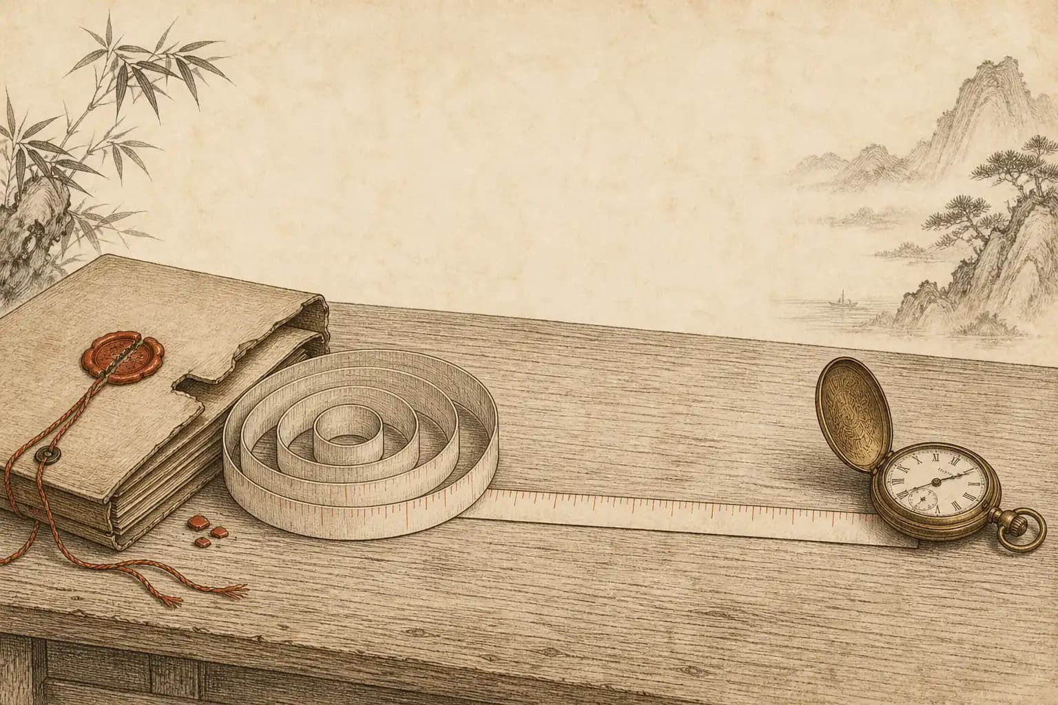 A case folder with a broken cinnabar seal spills a paper ribbon that coils in tight loops before running straight past an open pocket watch