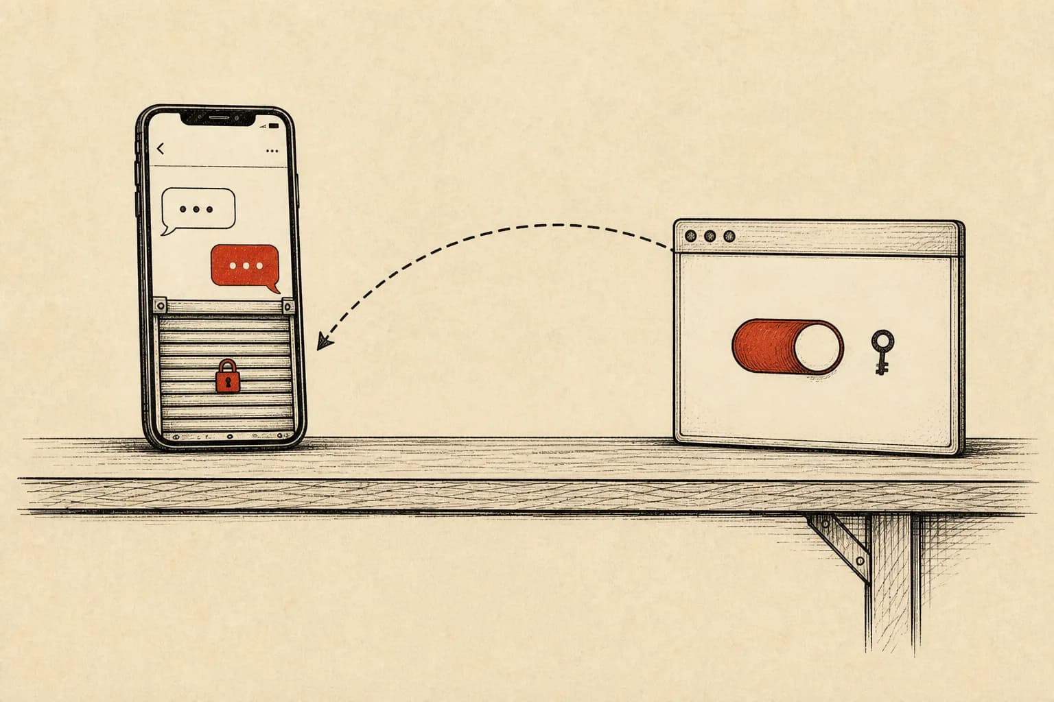 Ink-and-cinnabar illustration of a phone showing a chat app behind a half-raised shutter, with a browser window off to the side holding the key-shaped toggle that raises it