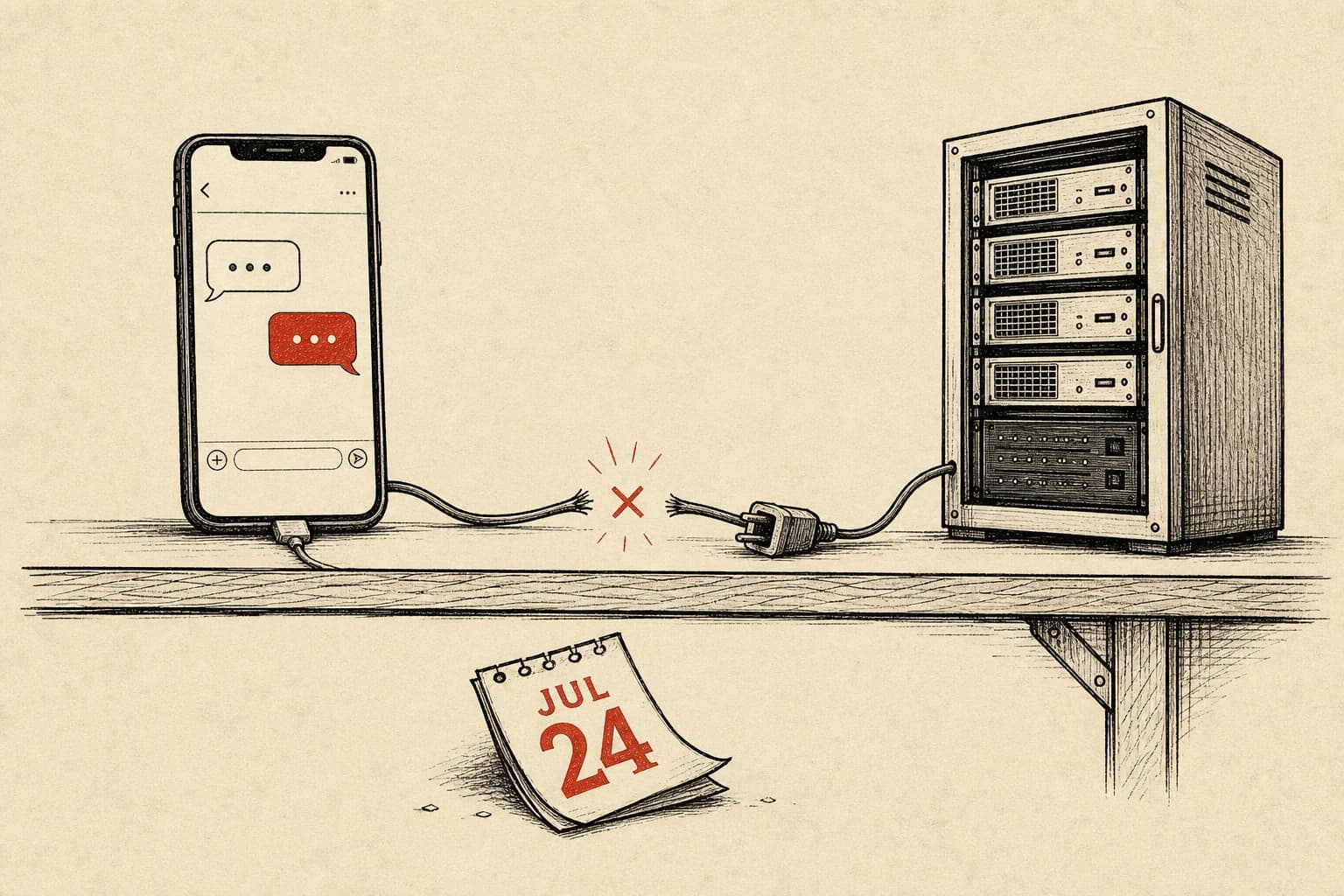 Ink-and-cinnabar illustration of an unplugged cable between a phone chat window and a server rack, with a wall calendar page reading July 24 drifting to the floor