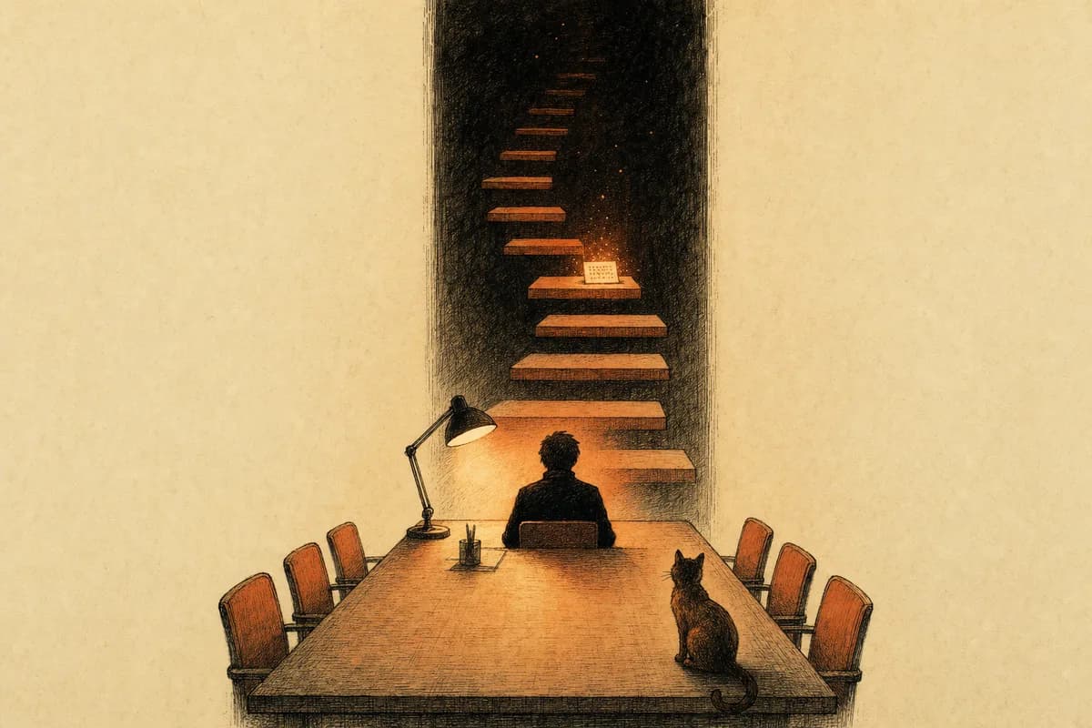 Ink-line illustration on aged paper: a long conference table lit by a single desk lamp, a figure at the far end with a staircase of steps rising above him, a small written card resting on the middle step, a cat at the table's corner looking up at the stairs