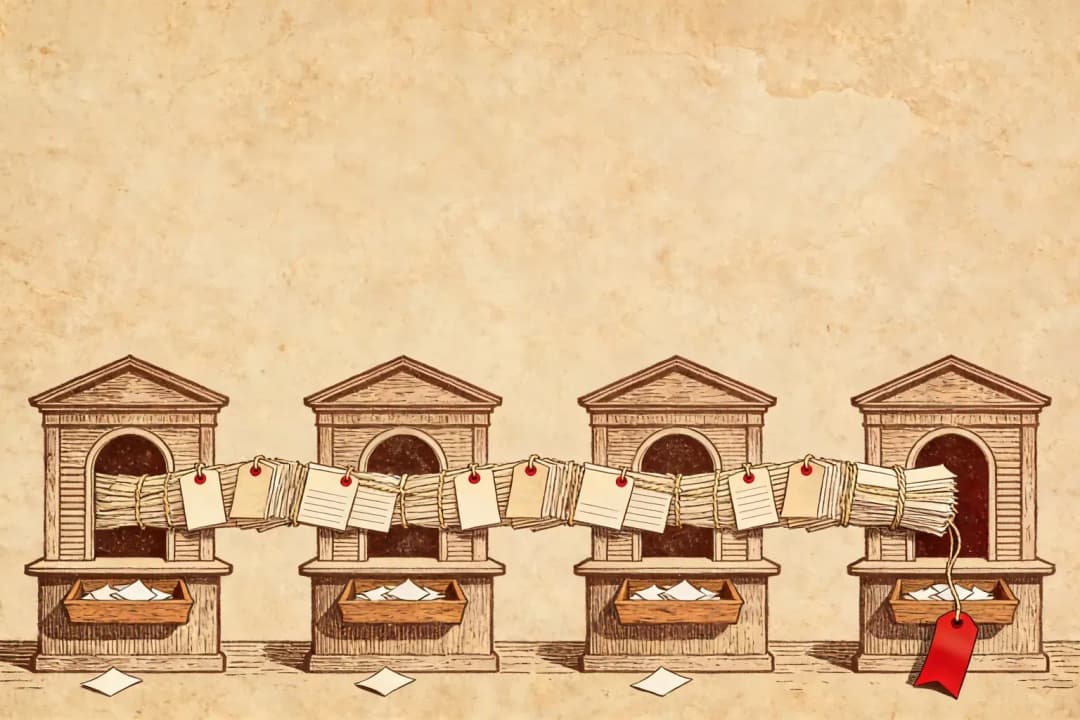 Hand-drawn ink illustration on aged paper: a row of customs windows, a traveler passing a bundle of index cards through; small trays under each window catch fallen labels, and the bundle emerging at the far end is thinner, with one tag flipped upside down