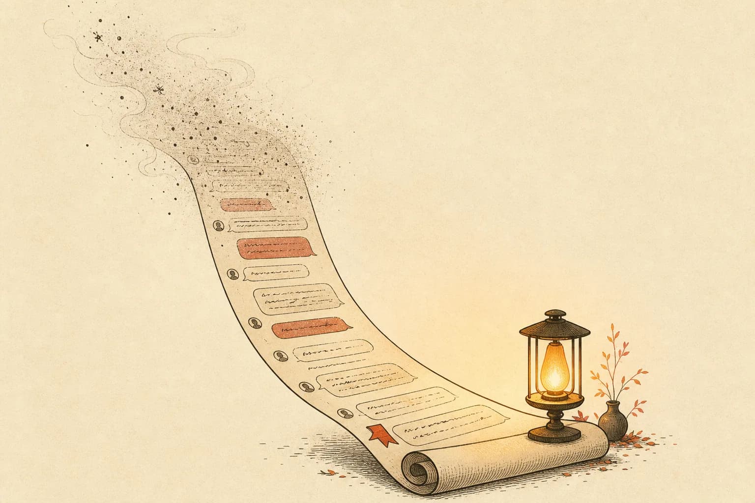 A long paper scroll of chat messages fading into mist at the top, with a small lantern lighting the recent lines