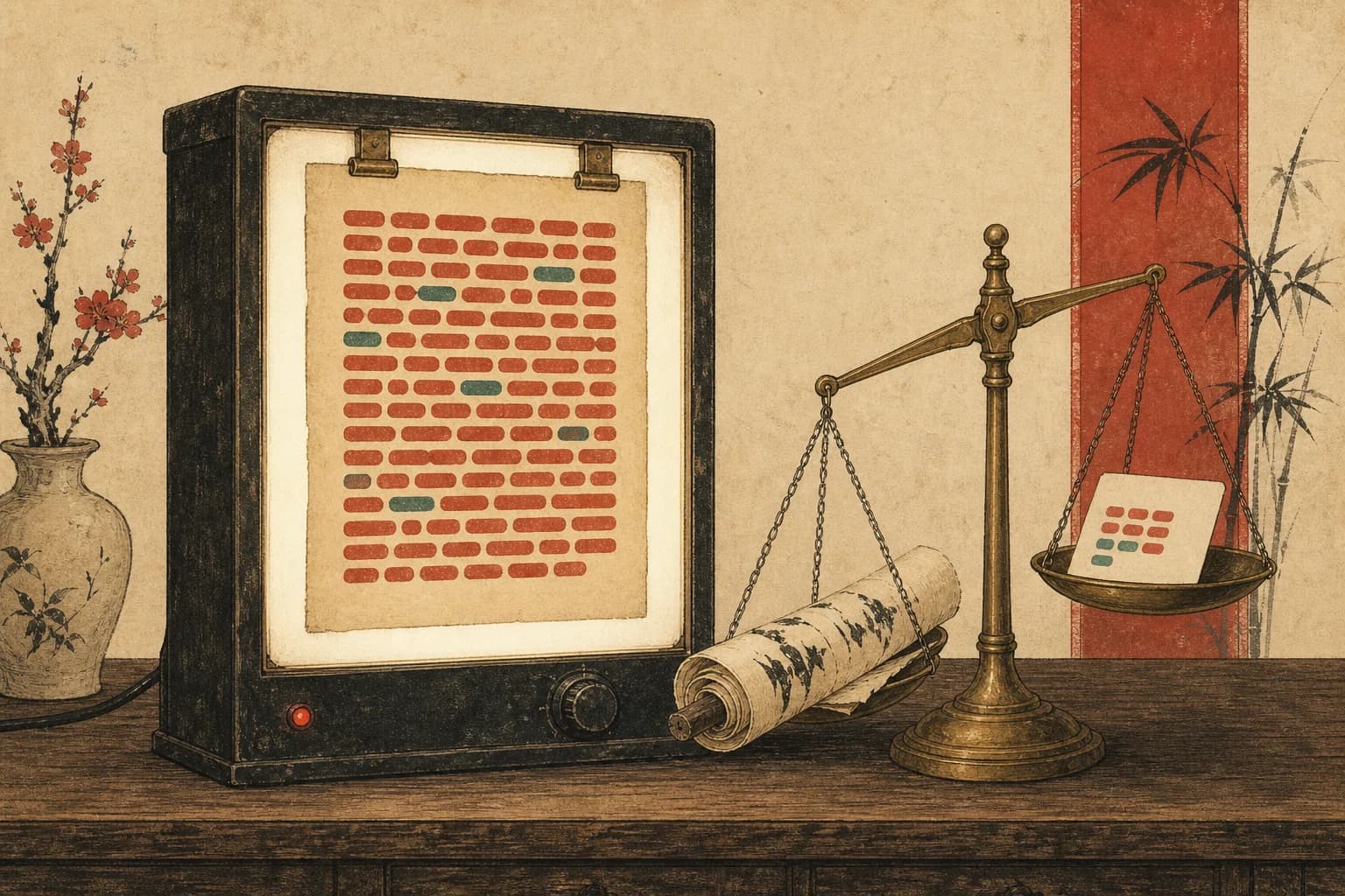 暖纸底色的墨线插画：木桌上一台老式 X 光灯箱夹着一页手稿，稿面词块大多亮朱红、零星几块青色；旁边一杆黄铜小天平，手写卷轴一端沉下去，机器打印的卡片一端翘起来