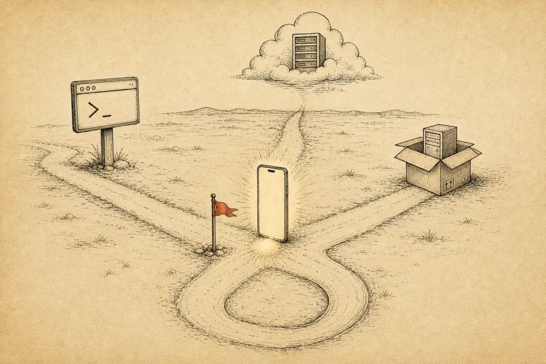 Ink-and-cinnabar illustration of a phone at a four-way fork: one path leads to a terminal signpost, one to a boxed apk package, one to a cloud server, one loops back into the glowing phone
