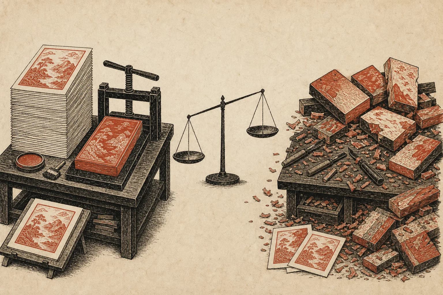 Woodblock printing on warm paper: one cinnabar block prints a tall stack of identical pages on the left, while the right side carves a fresh block for every single page, discarded blocks piling up beside a small ink balance scale