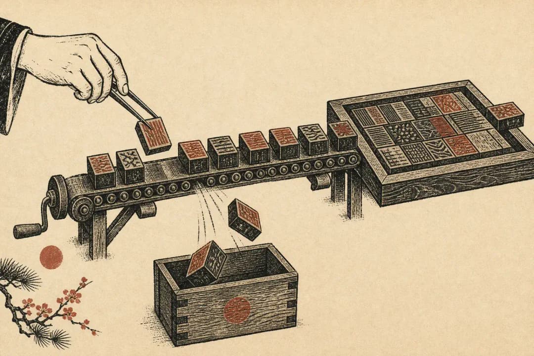 Warm-paper woodcut of movable type blocks queuing on a conveyor belt into a printing plate; two blocks fall into a crate below, one gets a new label swapped into the queue, and a crooked extra block sticks out at the end of the plate