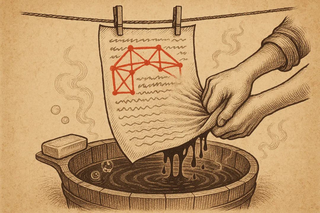 Ink-etched illustration on aged paper: a manuscript page pinned to a clothesline over a wash basin, dark ink letters dripping off into the water while a red architectural scaffold of story structure stays crisp on the sheet