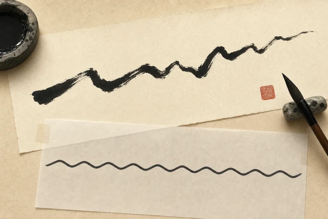 A wild handwritten brushstroke on rice paper above a tracing sheet where a machine copy renders it as a perfectly uniform wave, with a cinnabar seal stamp