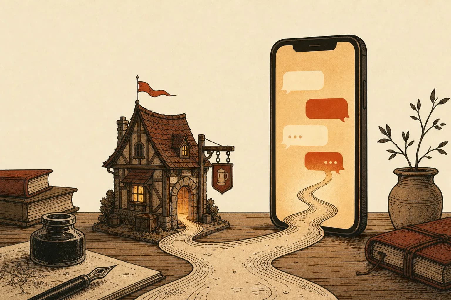 A phone propped on a wooden tavern counter, its screen glowing with a warm chat interface
