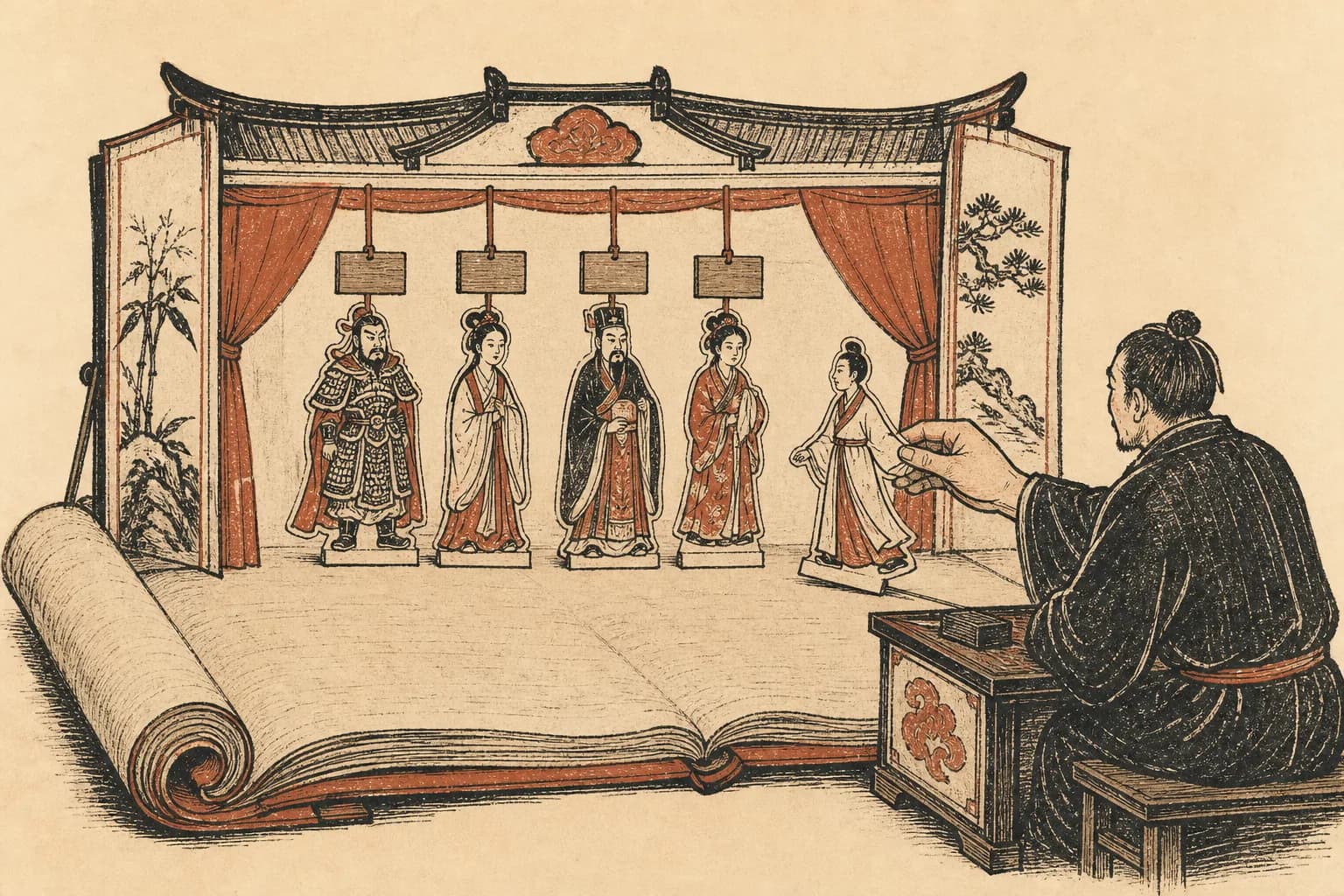 暖纸底色的木刻风插画：一卷摊开的书稿伸出纸页搭成小舞台，纸片人偶立在台上，头顶挂着写名字的小木牌，一只没有木牌的纸偶被移向侧幕的旁白席