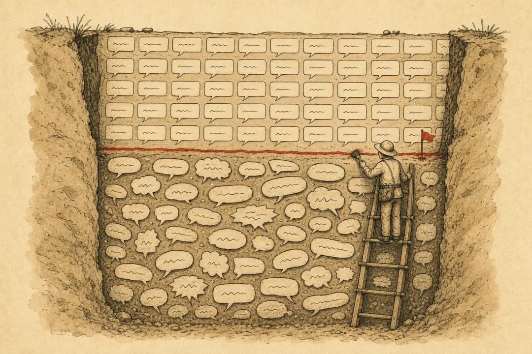 Archaeology cross-section illustration on warm paper: a trench dug through strata of chat speech bubbles, the deep layers hand-drawn and varied, the upper recent layers identical and machine-stamped; a thin cinnabar boundary line with a small red flag marks the change, and a tiny archaeologist on a ladder inspects it with a brush
