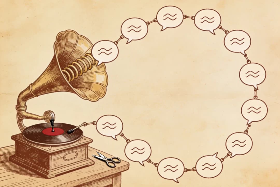 Hand-drawn ink illustration on aged paper: a wind-up gramophone with its needle stuck, identical speech bubbles spiraling out of the horn and curling back into the machine, a small pair of scissors lying on the table beside it
