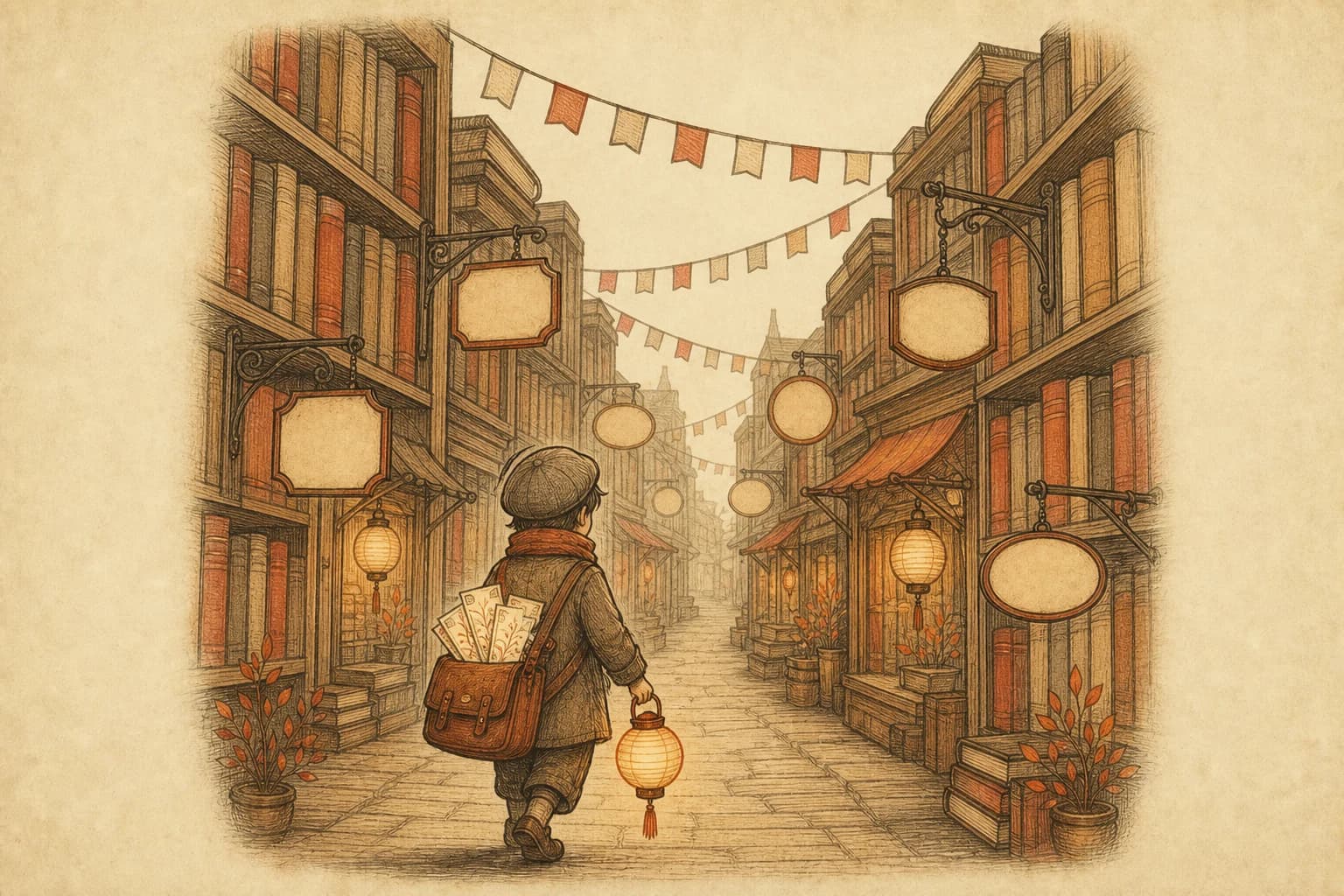 手绘墨线插画:一个小小的信使人影提着灯笼走在书架搭成的街道上,背包里插着几张发光的角色卡,街边店铺挂着不同站点的小招牌