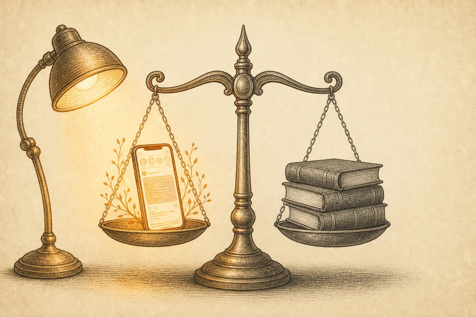 A brass balance scale on a desk: one pan holds a phone glowing with story text, the other a stack of hardbound law reporters; warm lamplight falls only on the reader's side