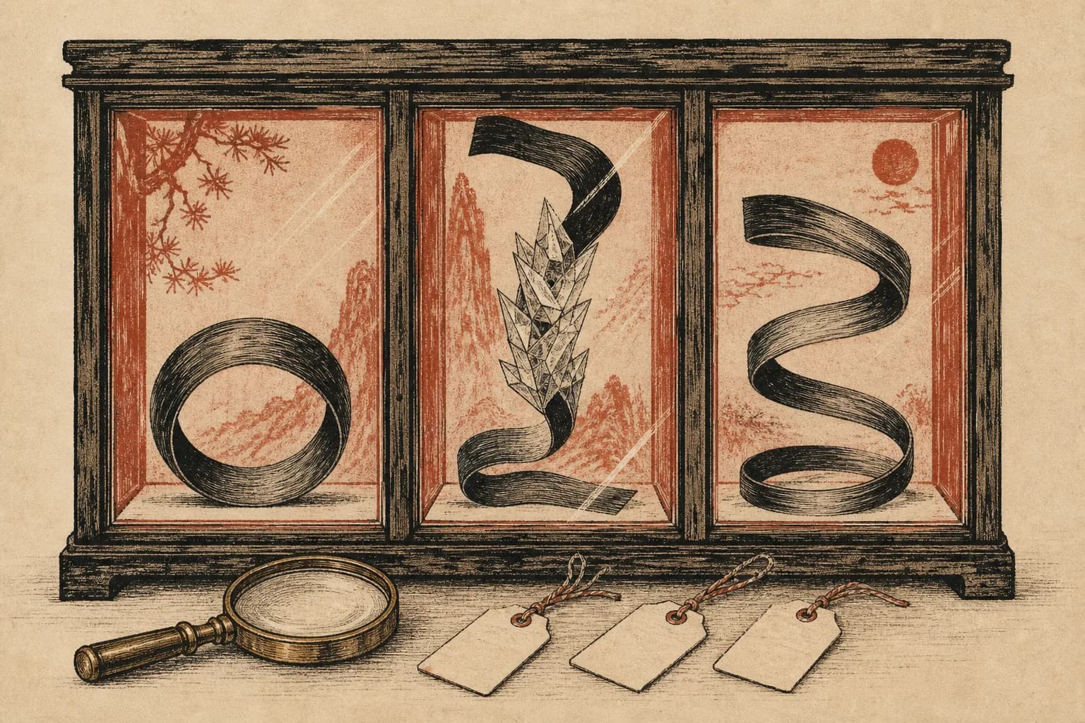 Warm-paper specimen-cabinet illustration: three ink book spines on display — the first curls into a closed loop, the second freezes mid-length into ice, the third quietly coils back to its starting point — with a magnifier and three specimen tags below