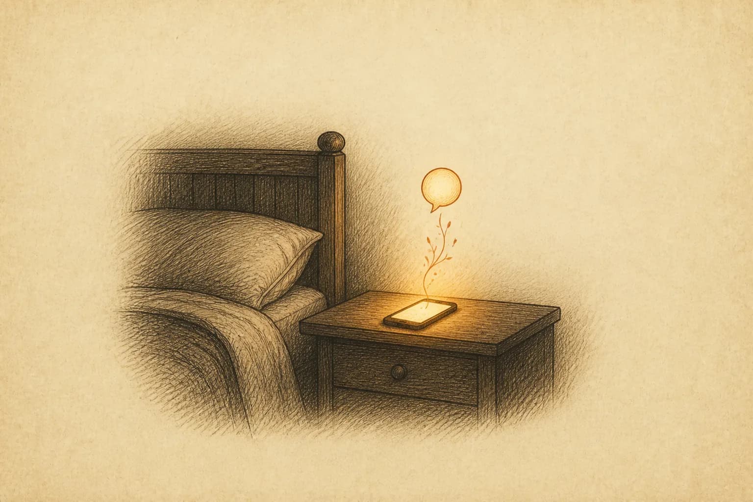 A dark bedroom at night with one phone glowing warm on the nightstand, a single small chat bubble rising from it like a lantern