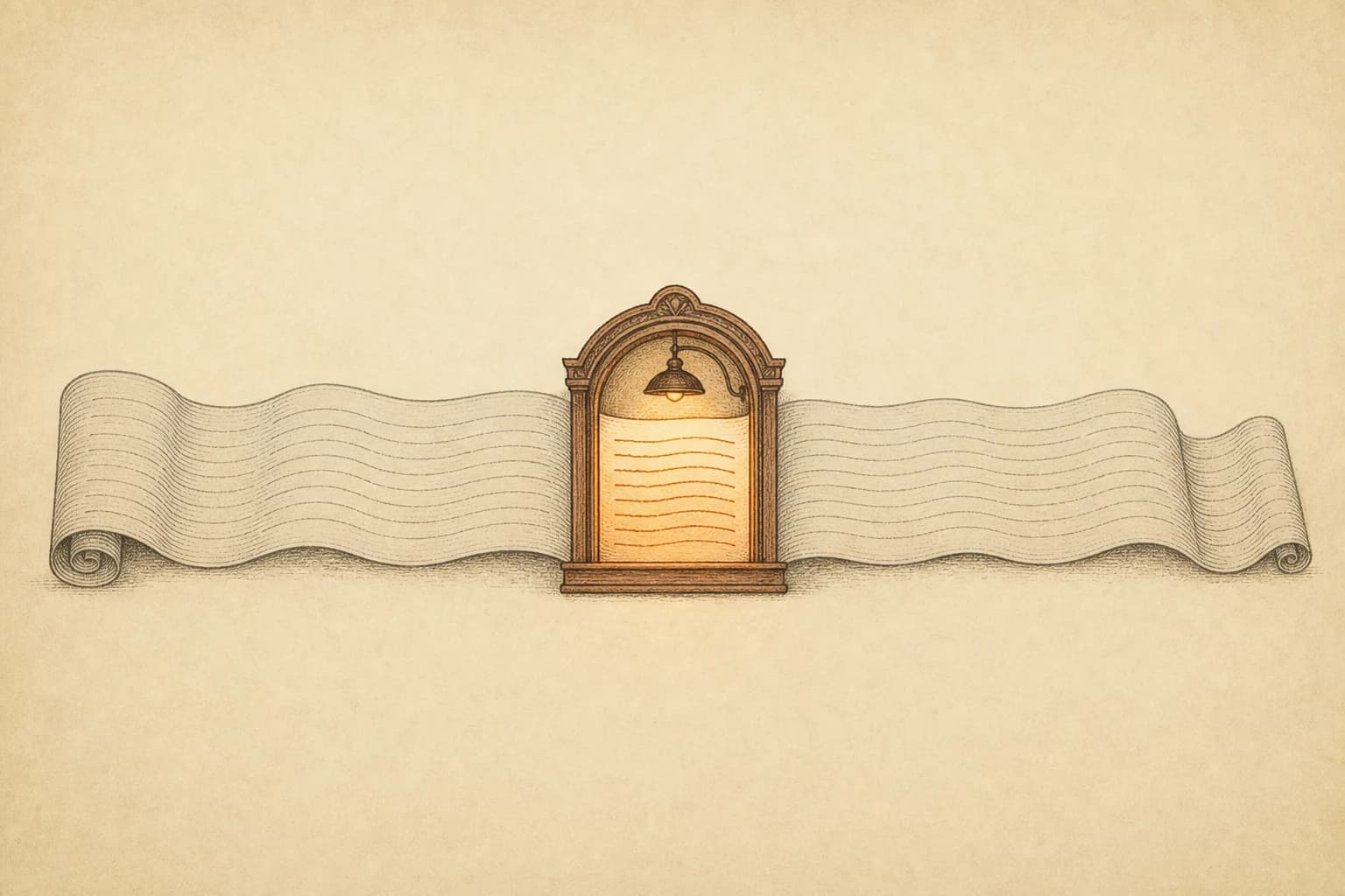 An immensely long manuscript scroll passing beneath a small reading window; only the lines inside the window glow warm cinnabar while the rest of the scroll fades to pale grey