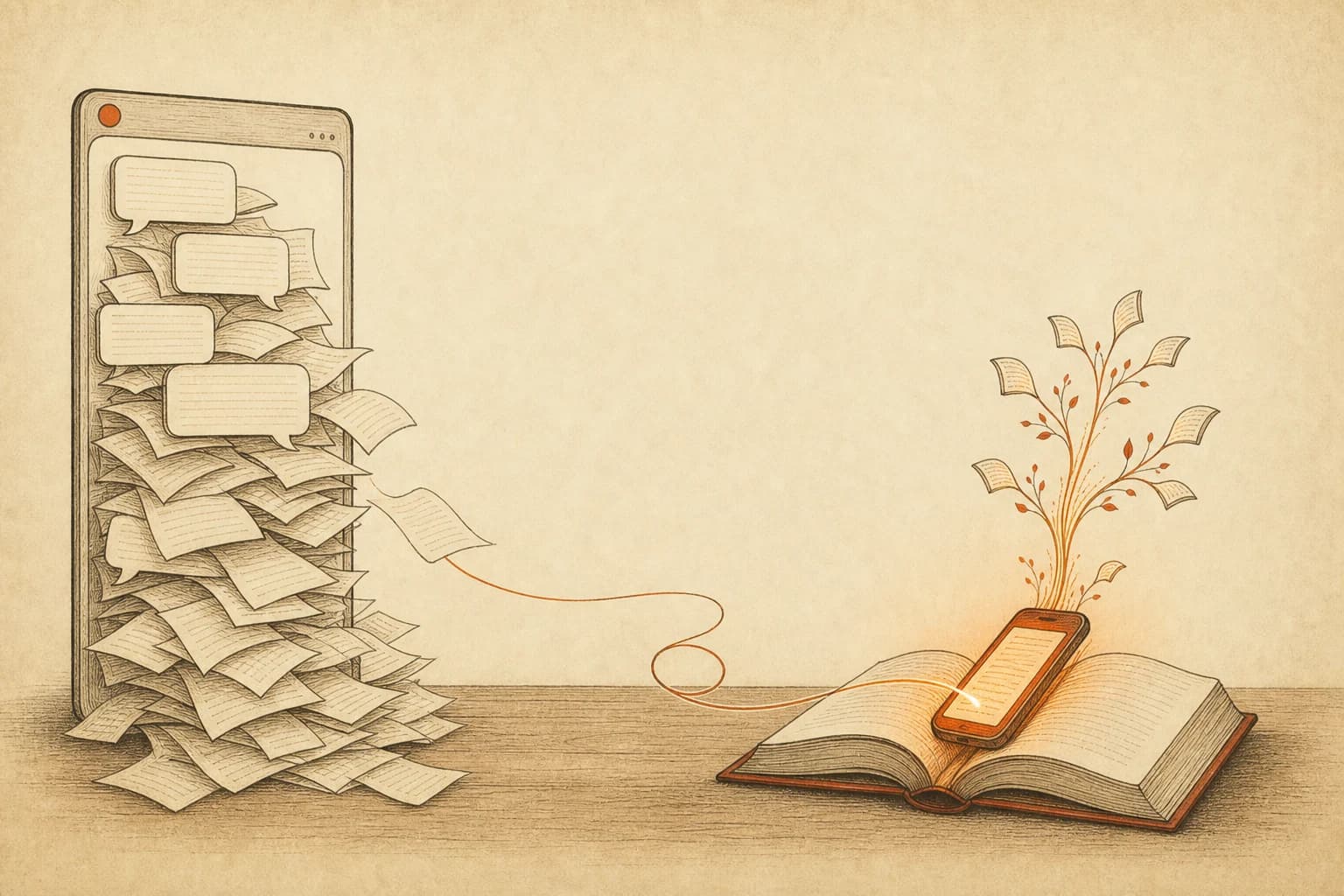 A tall paper chat window crammed with overflowing pages stands at the left of a desk; one ink line carries a single page across to a small phone-shaped reader resting on an open novel