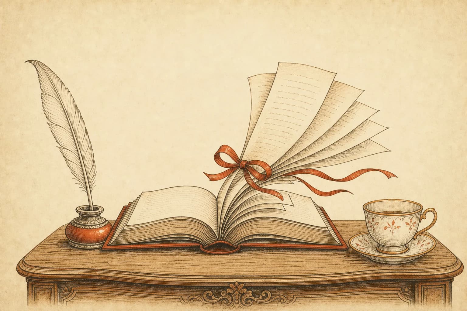 A Regency writing desk with a quill pen beside an open hardbound novel; from its last page several fresh manuscript sheets fan out, tied with a cinnabar ribbon, a teacup standing nearby