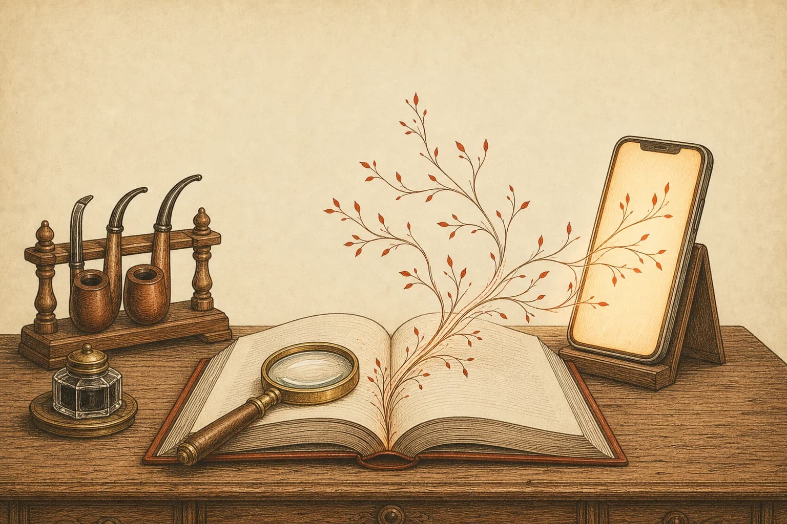 A Victorian writing desk with a magnifying glass resting on an open book; from the page, several ink-drawn branch lines grow toward a glowing phone screen