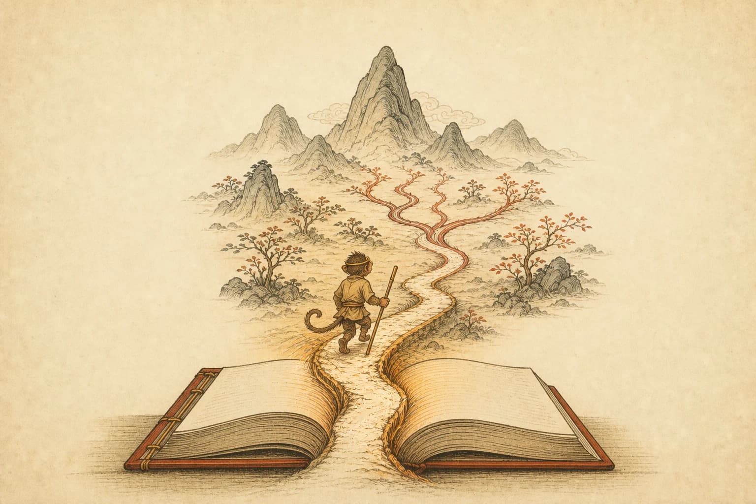 一函线装书摊开在案头,书页间伸出一条蜿蜒小路,一个戴金箍的小小行者剪影沿路走向远山,路在中途分出几条朱红岔线