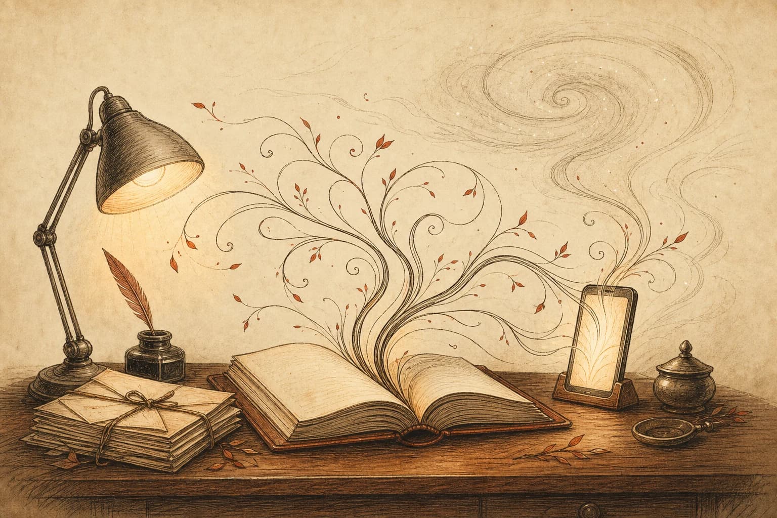 An antique desk under lamplight with a stack of letters, an open leather tome, and tentacle-like ink lines rising from the page into branching paths above a small phone screen