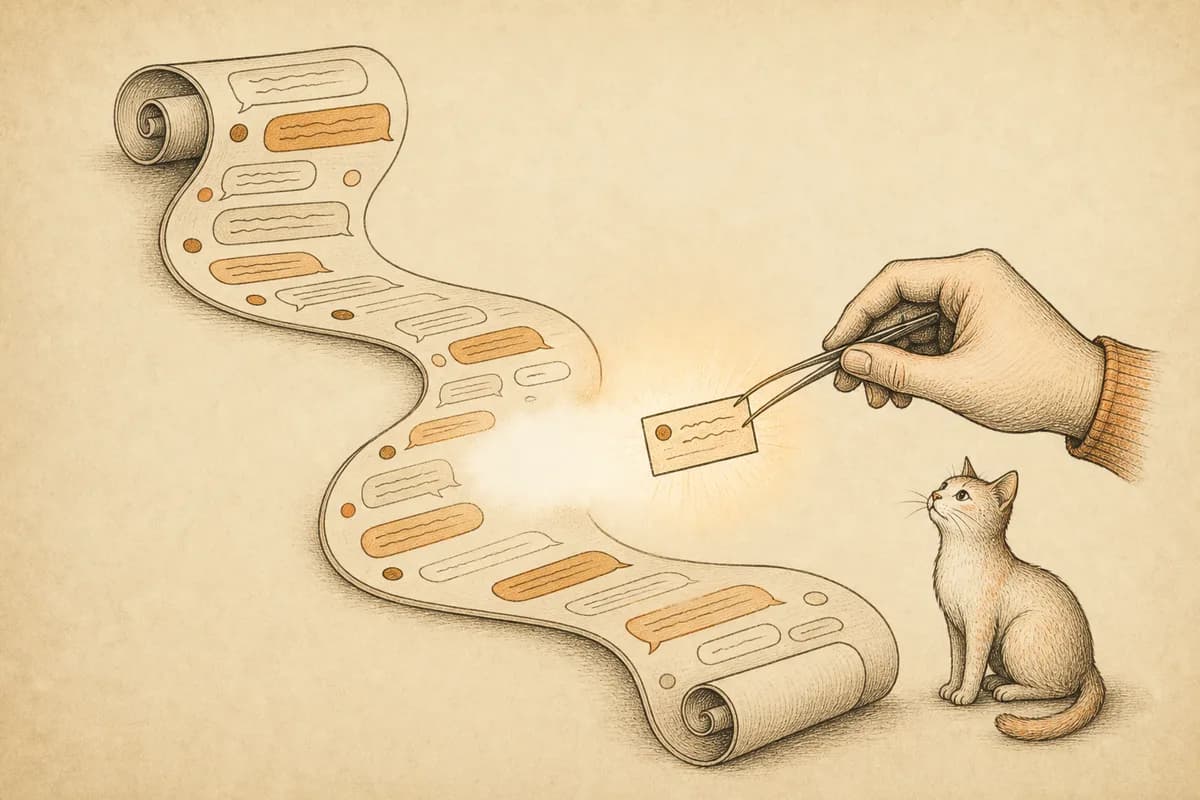 Ink-line illustration on aged paper: a long scroll of chat messages winding across the page, its middle section fading into blank mist, a hand with tweezers slotting a small written card back into the gap, a tilted-head cat sitting at the scroll's end