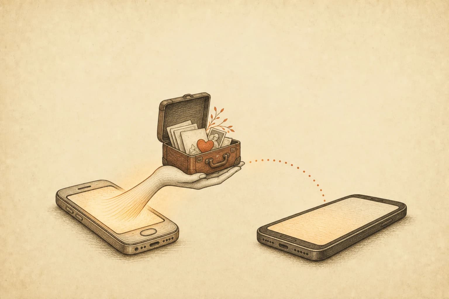 Hand-drawn ink illustration: a hand rising from an old phone's glowing screen, holding an open miniature suitcase packed with letters, photos, and a cinnabar-red heart, a dotted arc leaping toward a new phone beside it