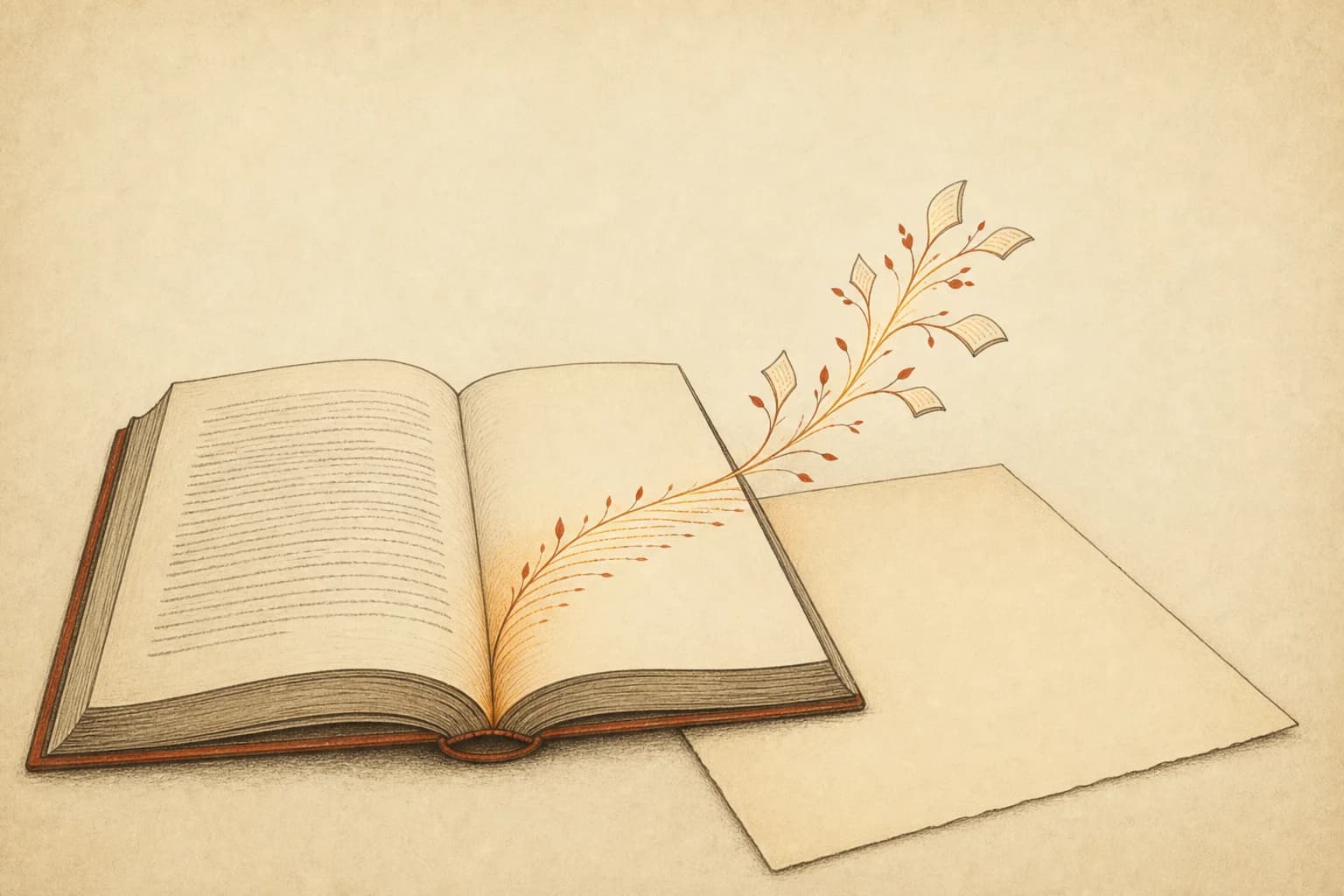 An open paperback whose printed text stops mid-page; from the last line, a faint handwritten branch of new sentences curves off the page onto warm blank paper