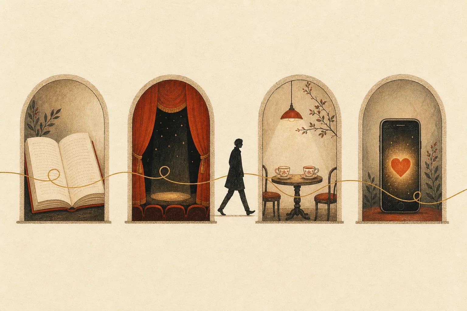 Four doorways in a row — a book page, a stage curtain, a chat bubble, a phone — with one figure walking through them