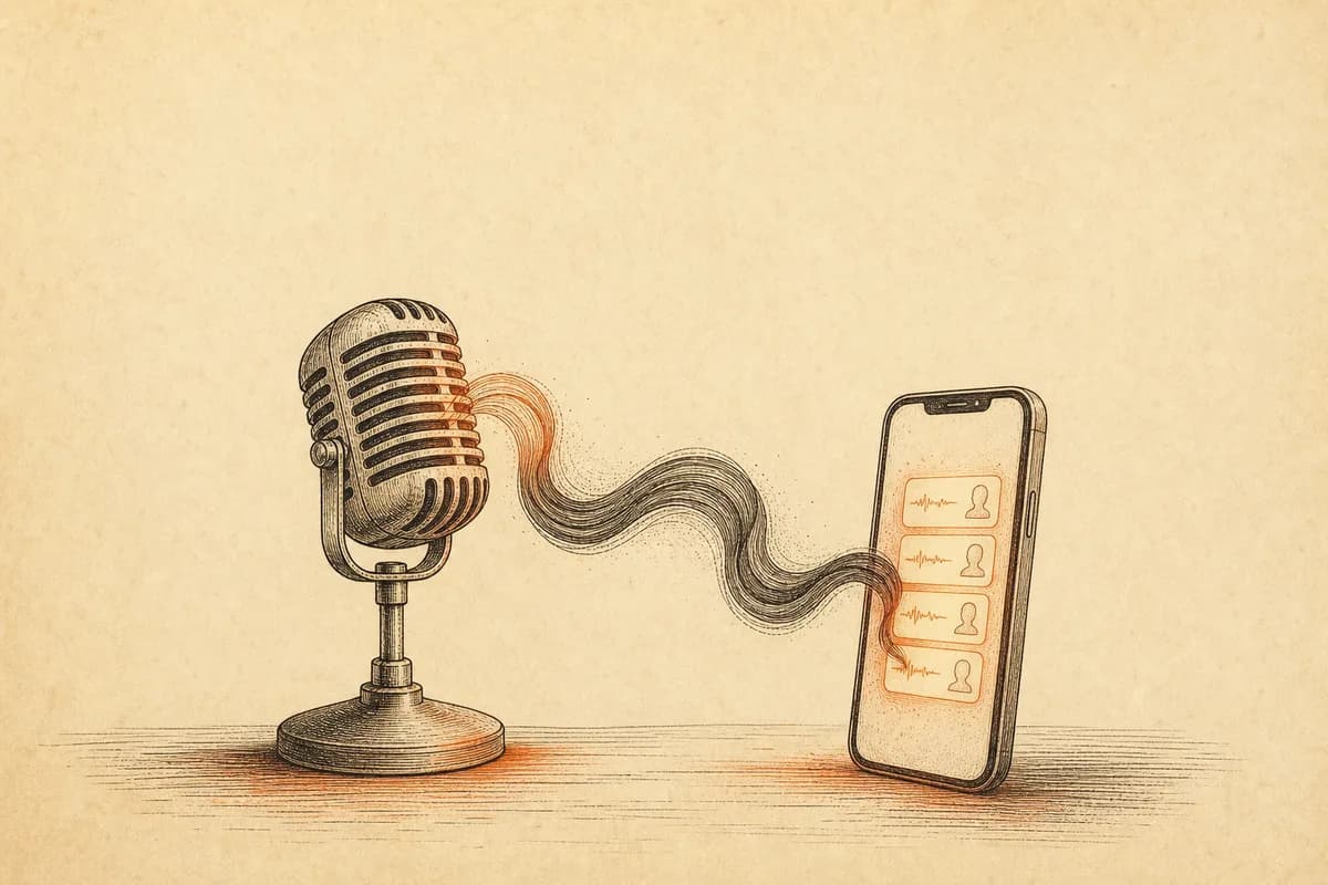 Warm-paper ink illustration: a vintage microphone on a desk, its sound wave flowing as an ink ribbon into a phone screen where a row of small voice cards glows softly