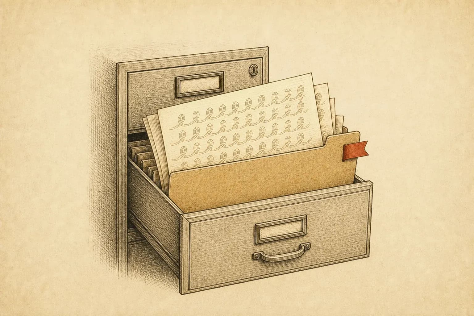 A thick kraft-paper dossier pulled from a filing cabinet drawer, its exposed manuscript pages covered in one ink pattern repeating in loops