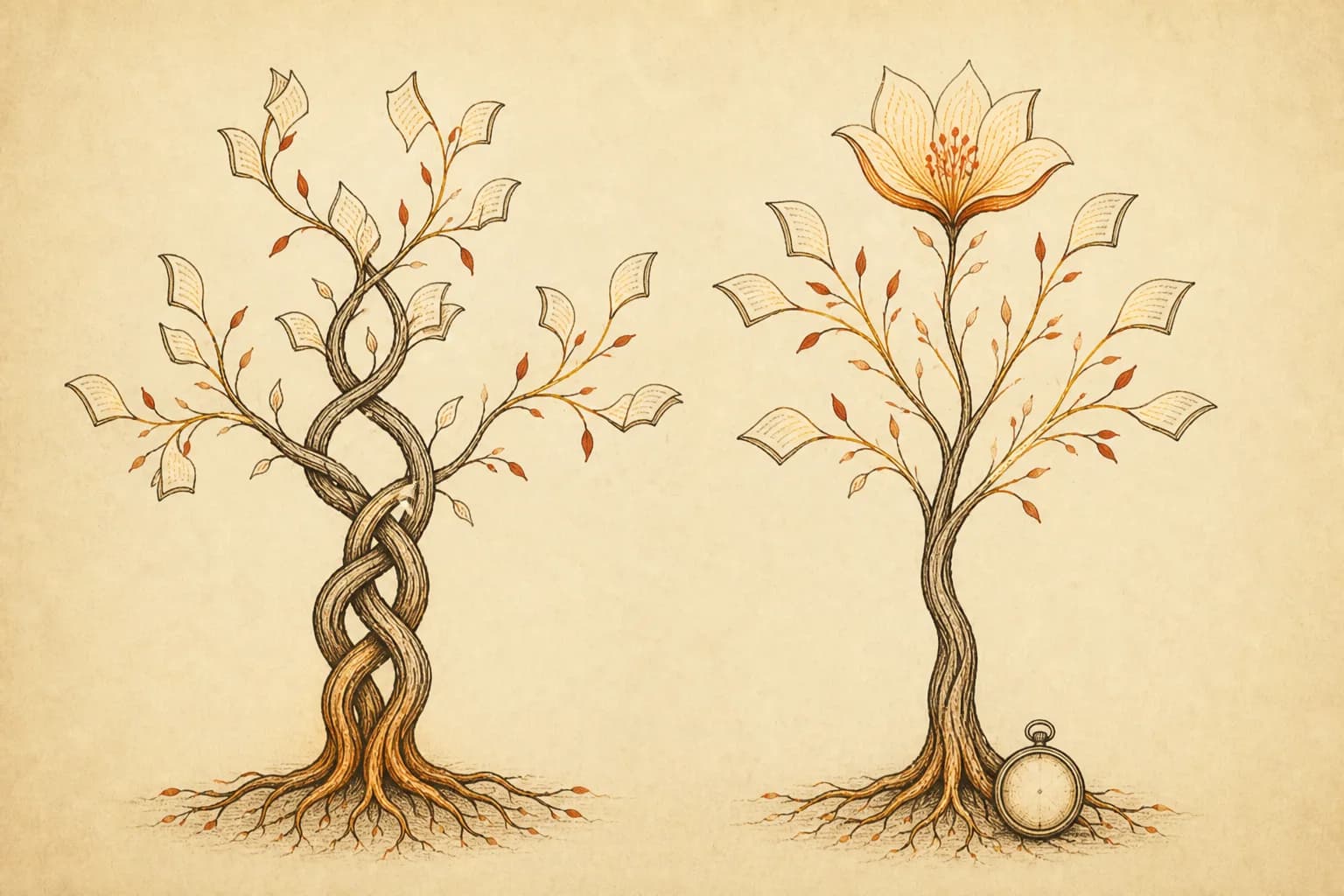 Two ink-line plants side by side on aged paper: the left one twisting into knots around itself, the right one upright and blooming, with a small stopwatch resting at the right plant's roots