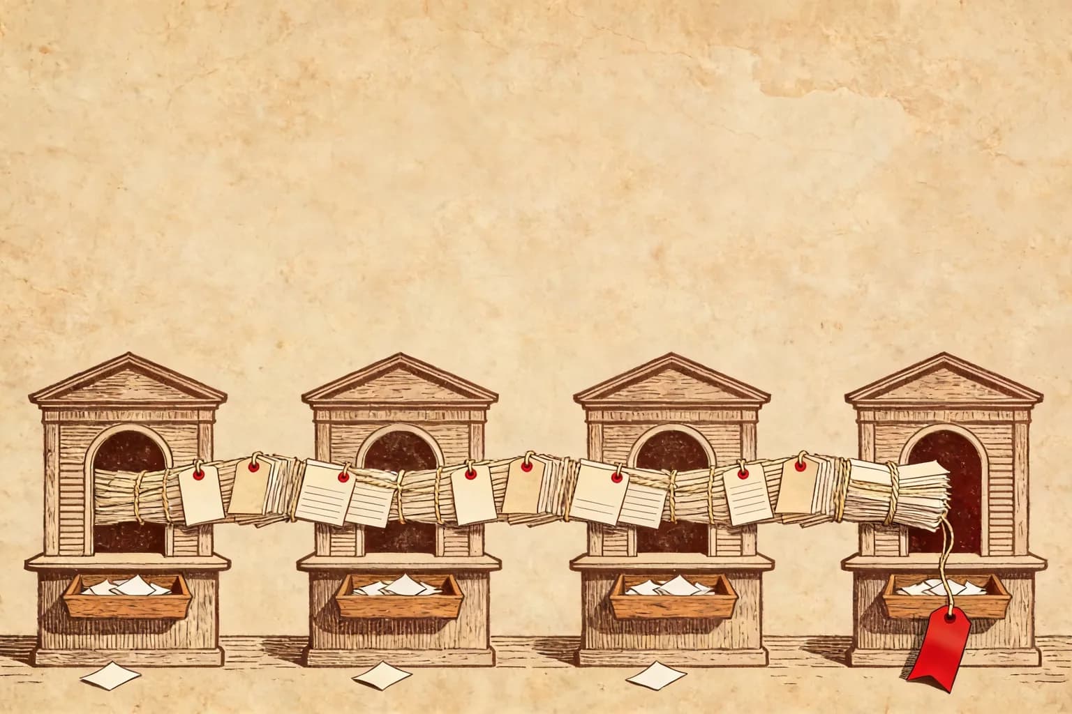 Hand-drawn ink illustration on aged paper: a row of customs windows, a traveler passing a bundle of index cards through; small trays under each window catch fallen labels, and the bundle emerging at the far end is thinner, with one tag flipped upside down