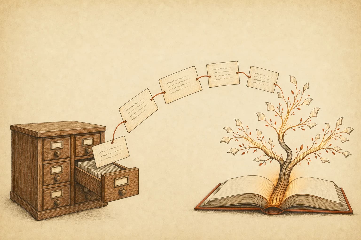 Hand-drawn ink illustration on aged paper: a library card catalog with one drawer open, a chain of index cards arcing toward an open book from which a tree of paper leaves grows