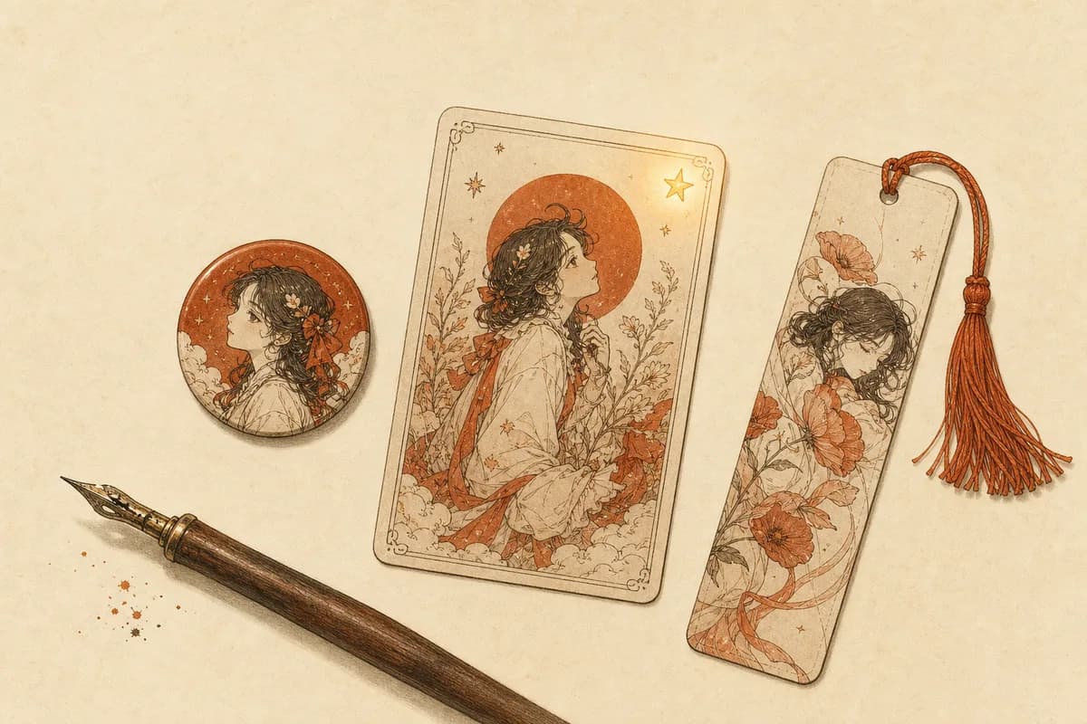 Warm-paper ink illustration: a desk scattered with a round pin badge, an upright collectible card with a small glowing star in its corner, and a long tasseled bookmark, a dip pen resting beside them