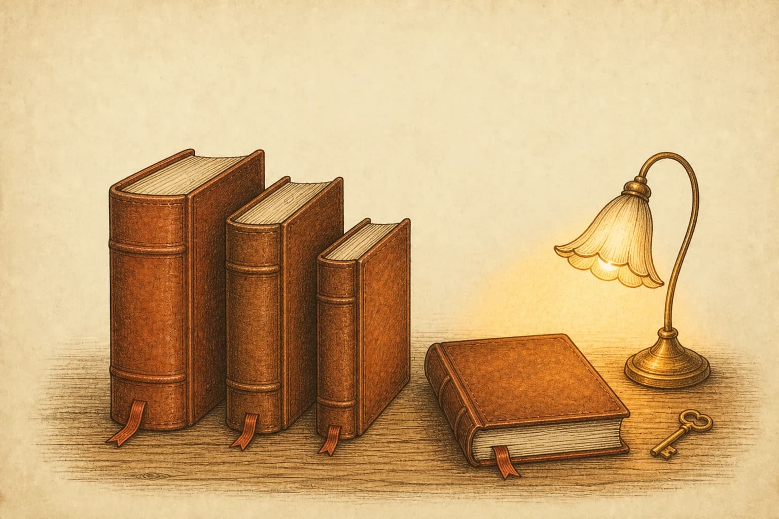 Four closed rulebooks of different thicknesses on a desk, each with a ribbon bookmark at a different page, beside a brass key and a small reading lamp