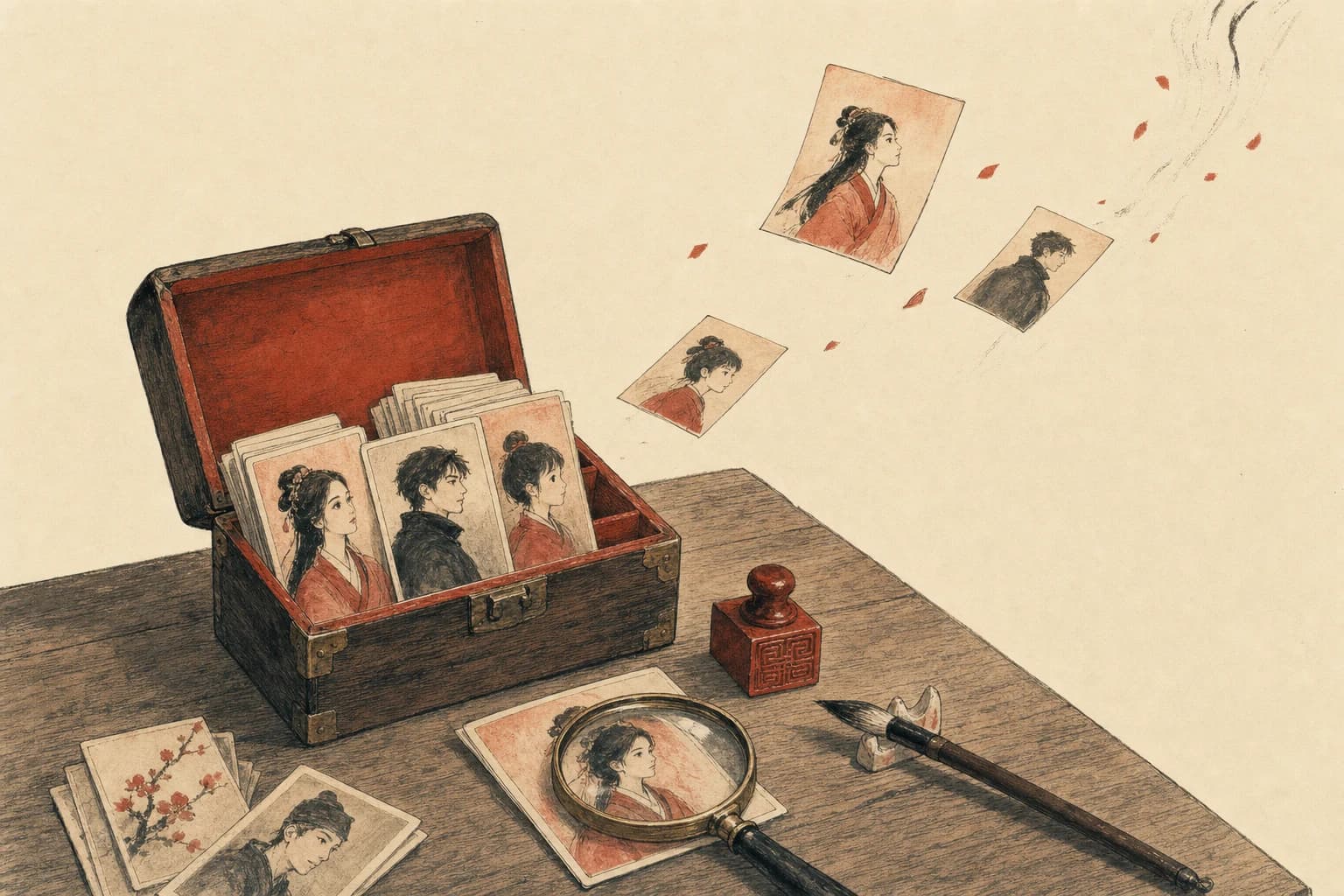 A wooden card-maker's chest on a desk, painted character cards floating out of it into the air
