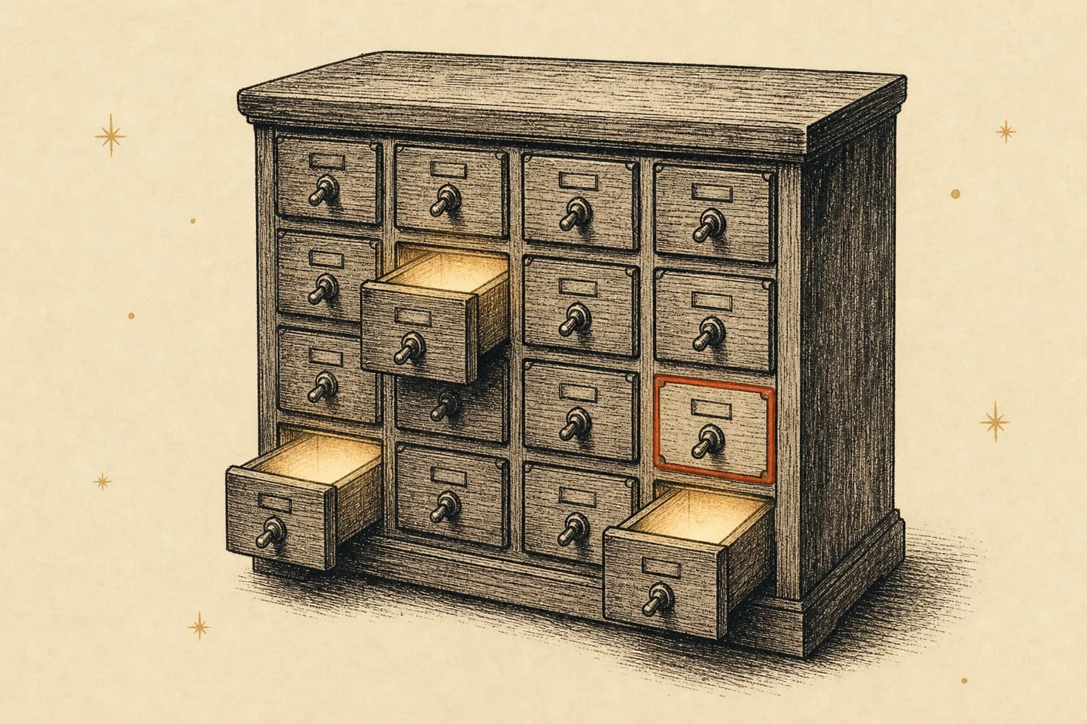 Hand-drawn ink illustration: an old apothecary cabinet with many drawers, several open and glowing, toggle switches on the fronts, one drawer outlined in cinnabar
