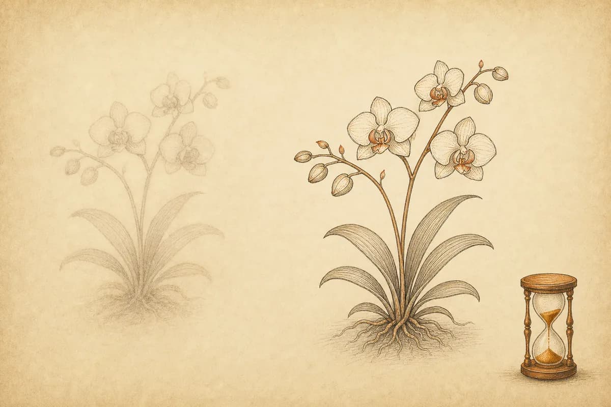 Two ink sketches of the same orchid side by side on aged paper: the left one wrapped in fog with only an outline visible, the right one clear down to its leaves, and an hourglass still running in the corner of the page