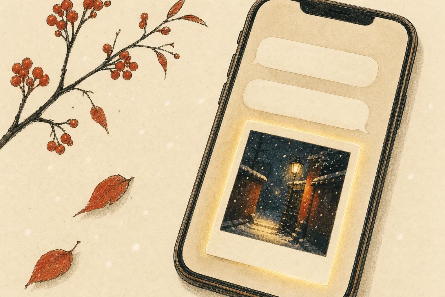 A phone chat thread holding a polaroid photo, softly glowing at the edges