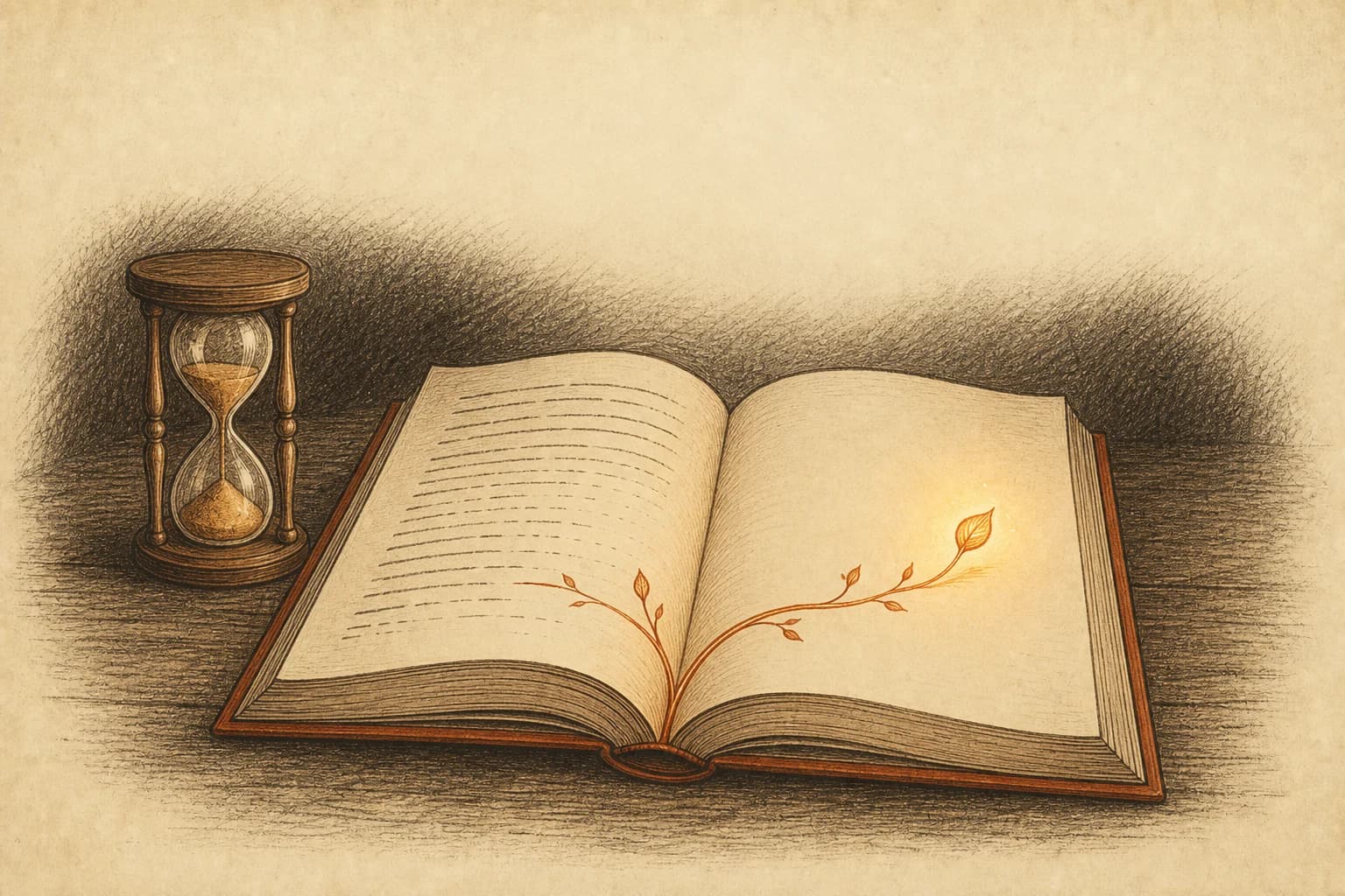 An open book on a night desk, its printed line fading into grey dashes mid-page; a slender warm-ink branch line grows from the last solid paragraph and curves ahead onto blank paper, a small hourglass standing beside the spine