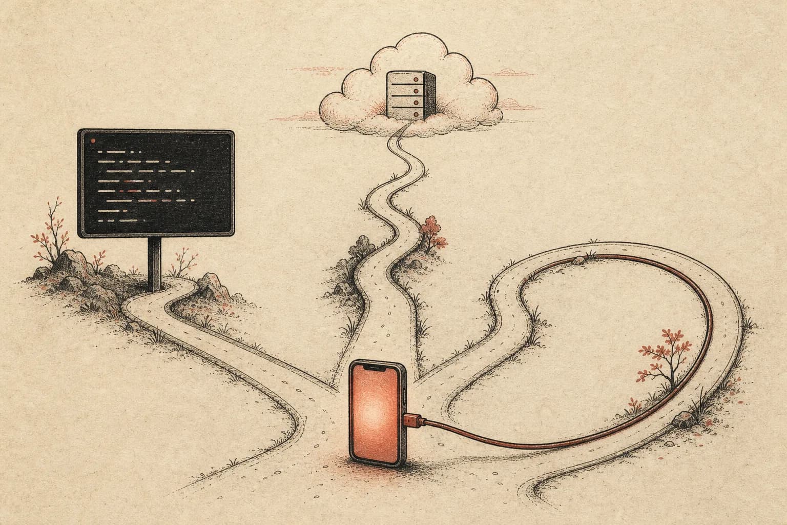 Ink-and-cinnabar illustration of a phone at a three-way fork: one path leads to a terminal signpost, one to a cloud server, one loops back into the glowing phone