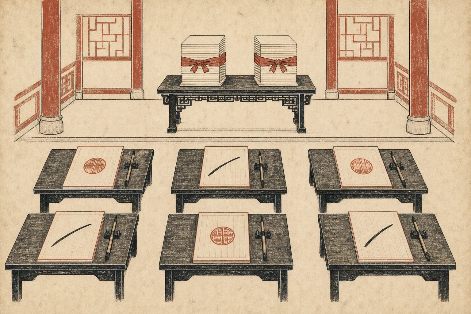 An examination hall on warm paper: six judge desks with exam papers, three stamped with a round cinnabar pass seal and three crossed out in ink, while two blindfold-ribboned manuscript stacks wait on the lectern