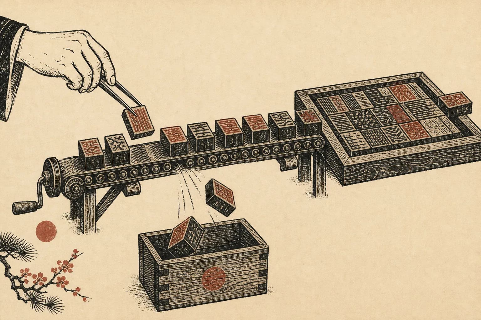 Warm-paper woodcut of movable type blocks queuing on a conveyor belt into a printing plate; two blocks fall into a crate below, one gets a new label swapped into the queue, and a crooked extra block sticks out at the end of the plate